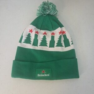 Heineken Winter Ski Hat Beanie Pom Toque Green White Red Beer Promo Est 1873